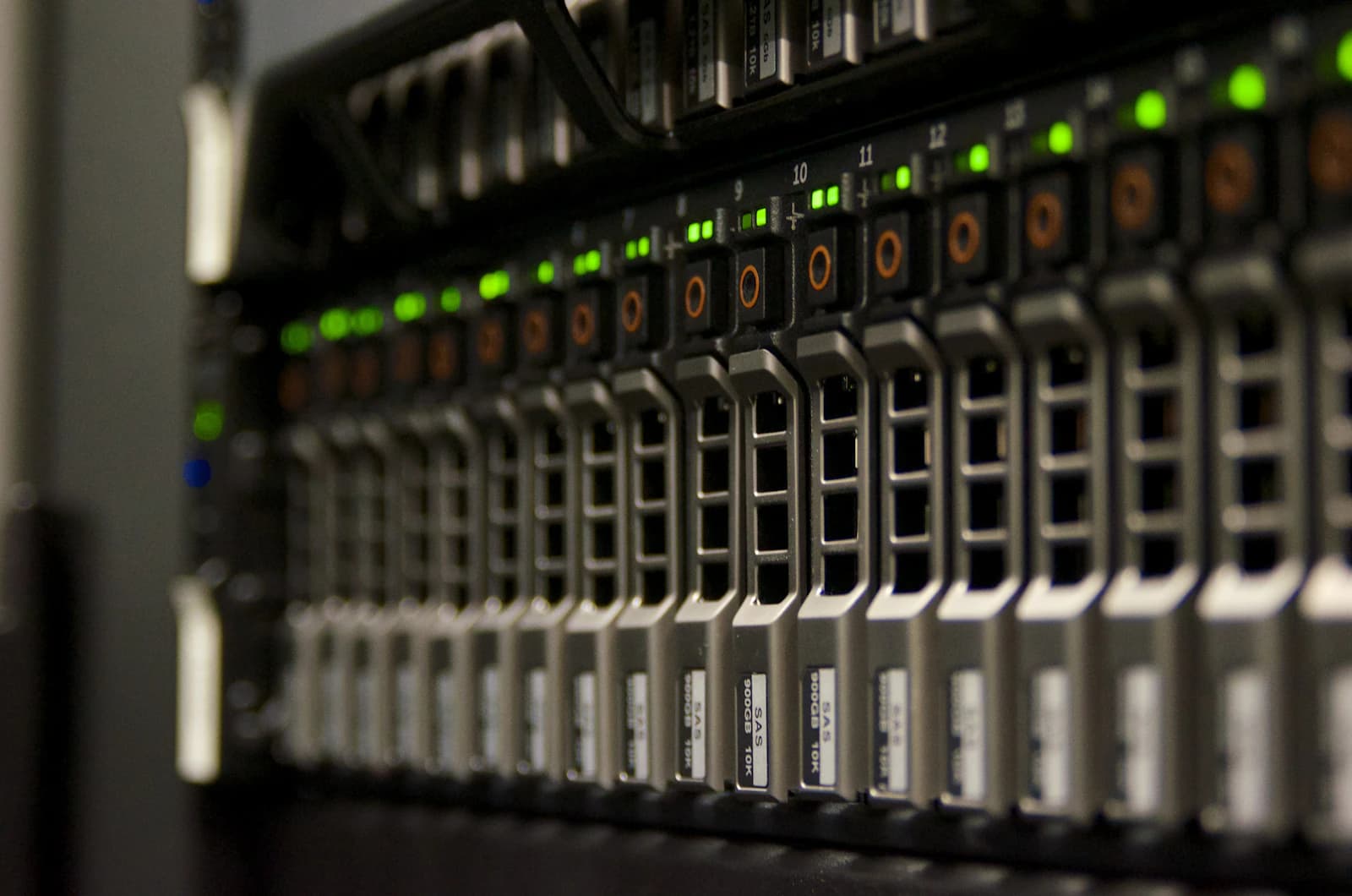 Close-up of server drive bays with green status lights